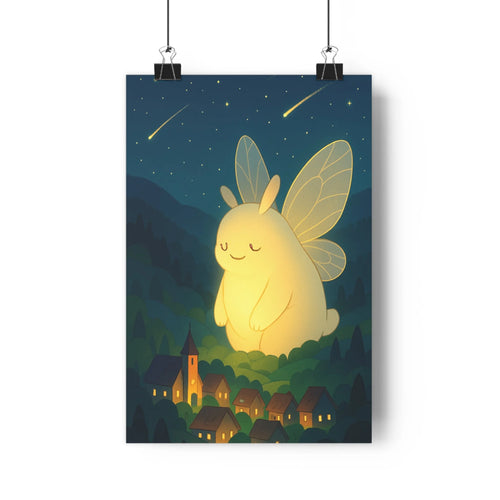 Poster créature ailée nuit étoiles comète forêt village lumière bleu vert magique paisible enchantée chambre salon