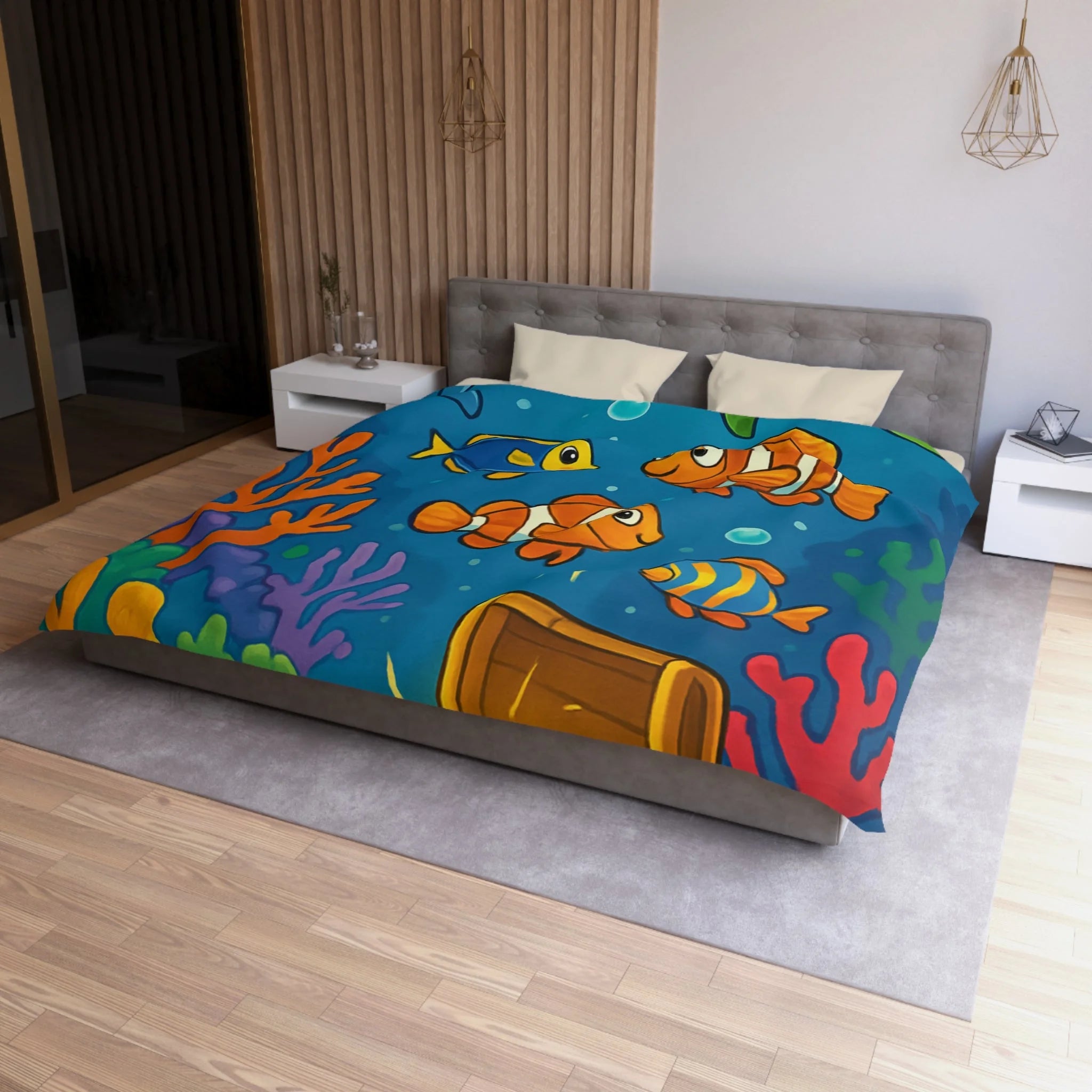 Housse de couette océan coloré avec animaux marins et coffre au trésor
