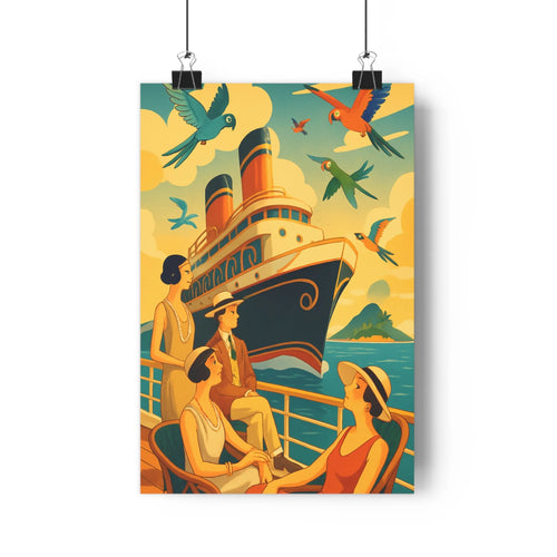 Poster bateau roues personnes perroquets bleu jaune vert élégants vêtements chapeaux plantes pierres livres exotique vintage cartoon salon chambre