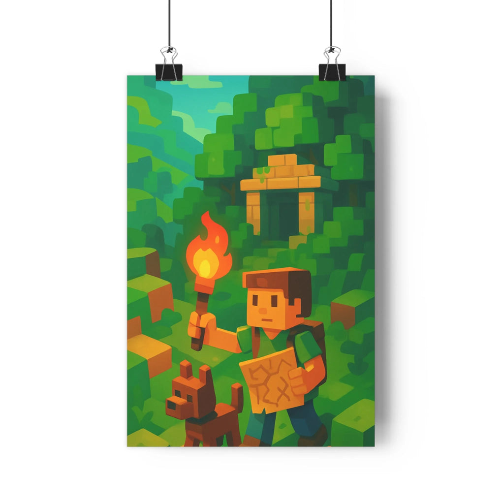 Poster décoratif aventurier forêt pixel art chien temple dessin animé couleurs vives chambre gamer
