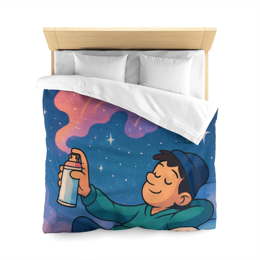 Housse de couette rêve étoilé avec jeune garçon et spray cosmique coloré