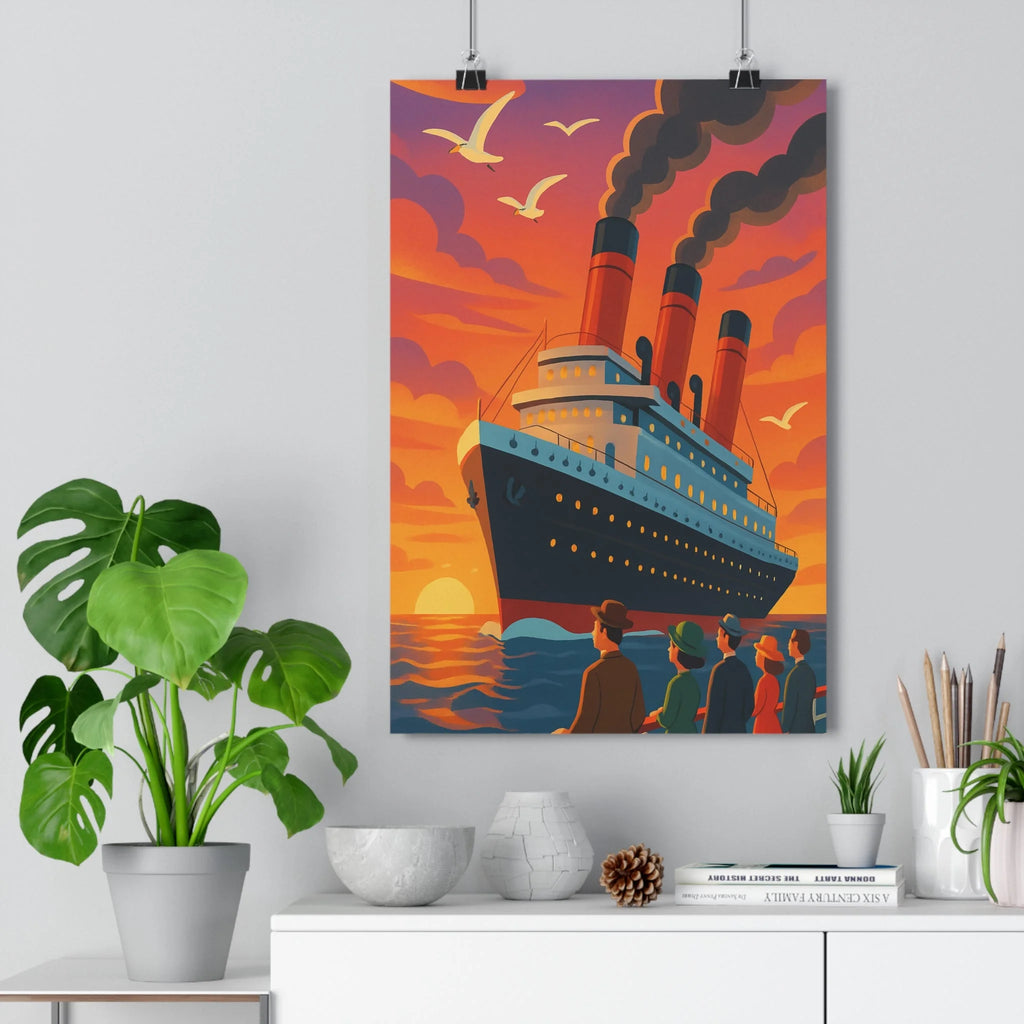 Poster décoratif vintage bleu rose cartoon nostalgique salon chambre paquebot mer calme élégant rétro