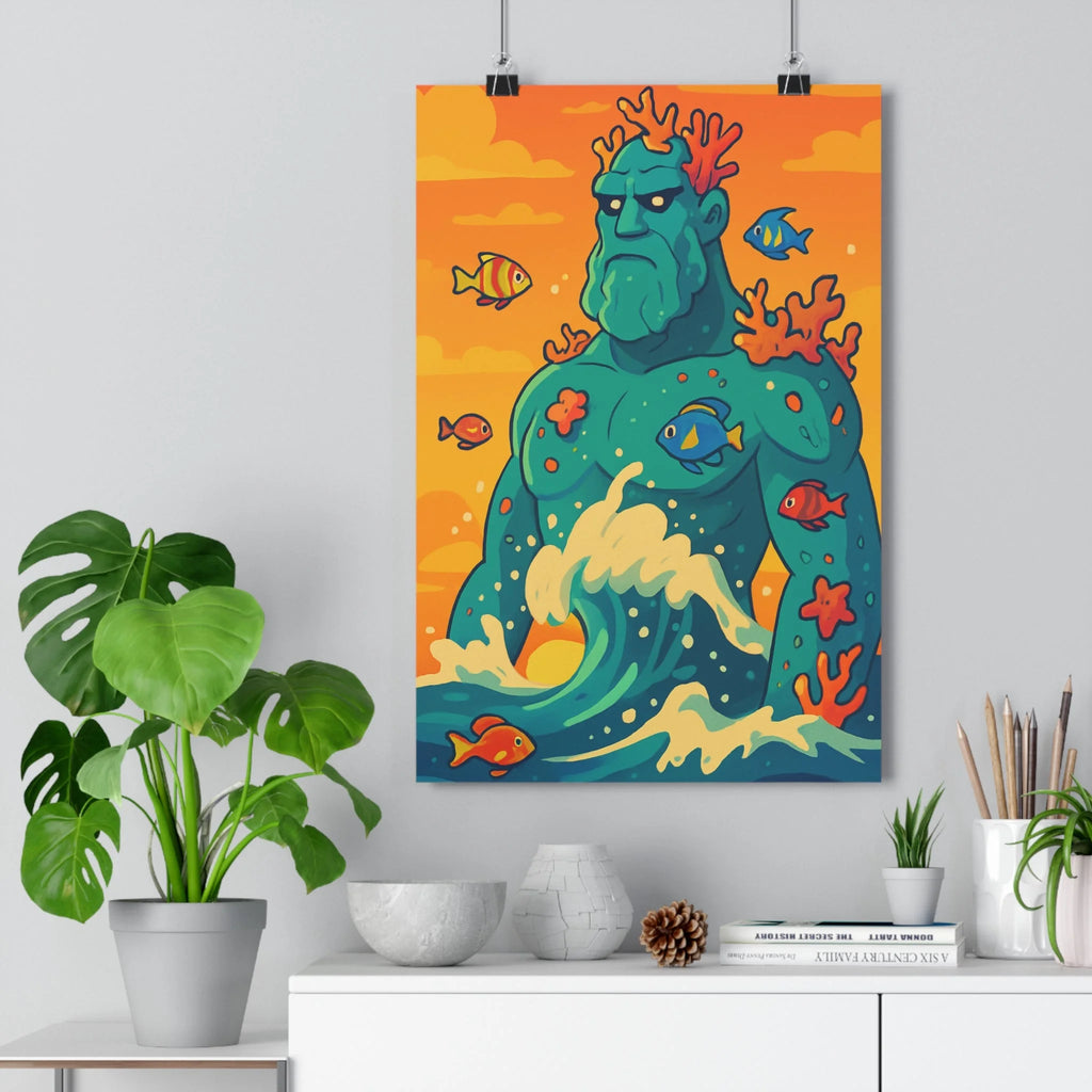 Poster décoratif cartoon bleu vert orange géant marin enfant chambre océan corail vibrant joyeux