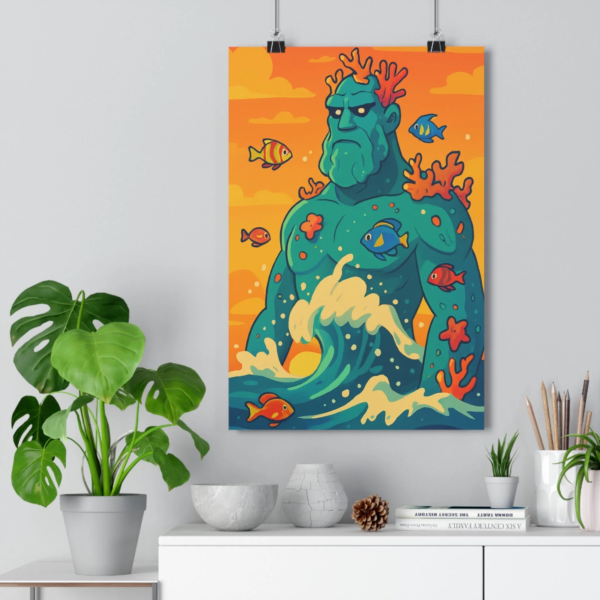 Poster décoratif cartoon bleu vert orange géant marin enfant chambre océan corail vibrant joyeux
