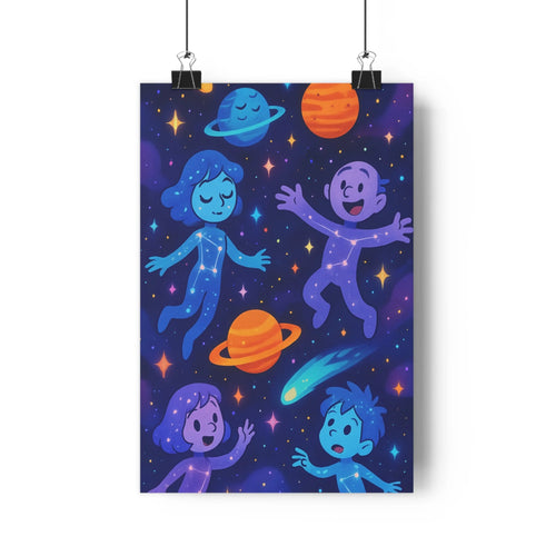 Poster constellation joyeuse planètes bleues oranges contours nettoyés cartoon festif étoiles nuit chambre salon