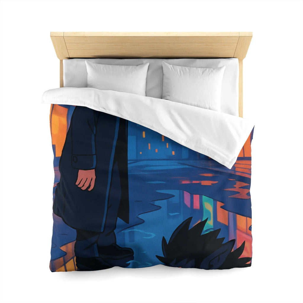 Housse de couette urbaine avec reflet mystérieux dans une rue animée la nuit