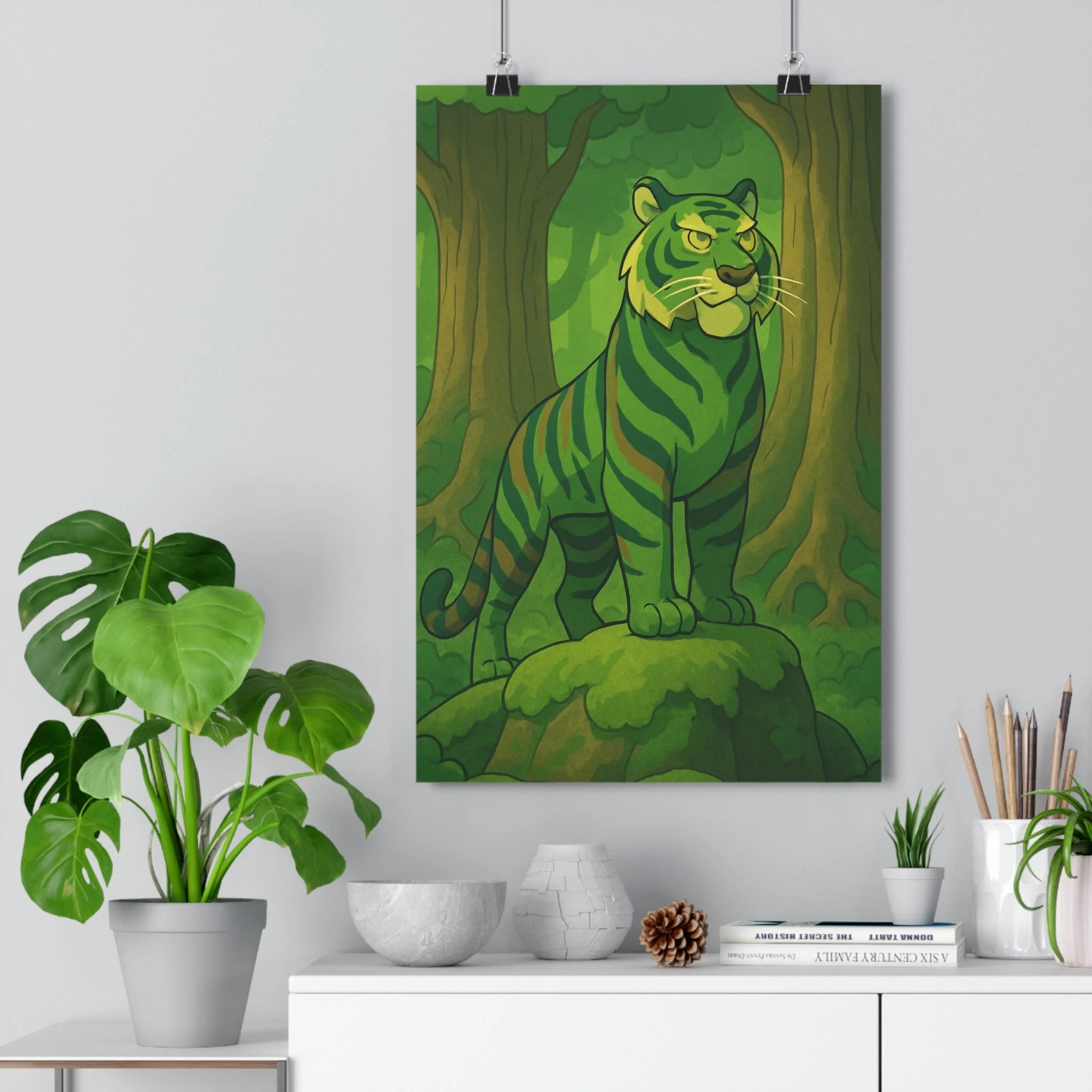 Poster décoratif tigre forêt vert mystique animé salon bureau sérénité nature 30x46 cm qualité