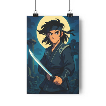 Poster décoratif anime sombre katana lune ruines mystérieux chambre bureau nocturne captivant 30x46 qualité