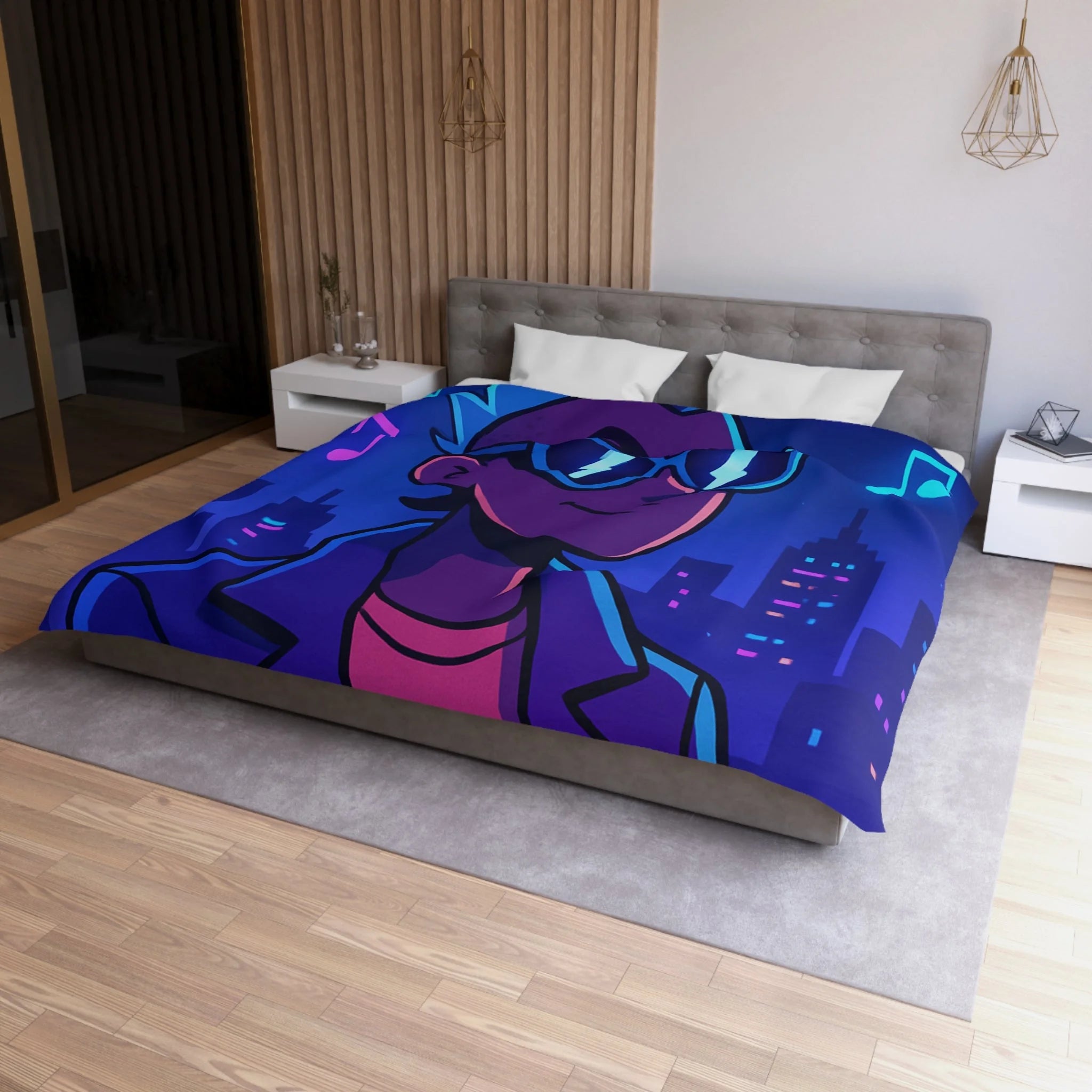 Housse de Couette Personnalisée avec Art de Ville Nocturne et Musicien Stylé Électrique