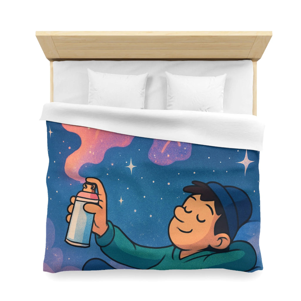 Housse de couette rêve étoilé avec jeune garçon et spray cosmique coloré