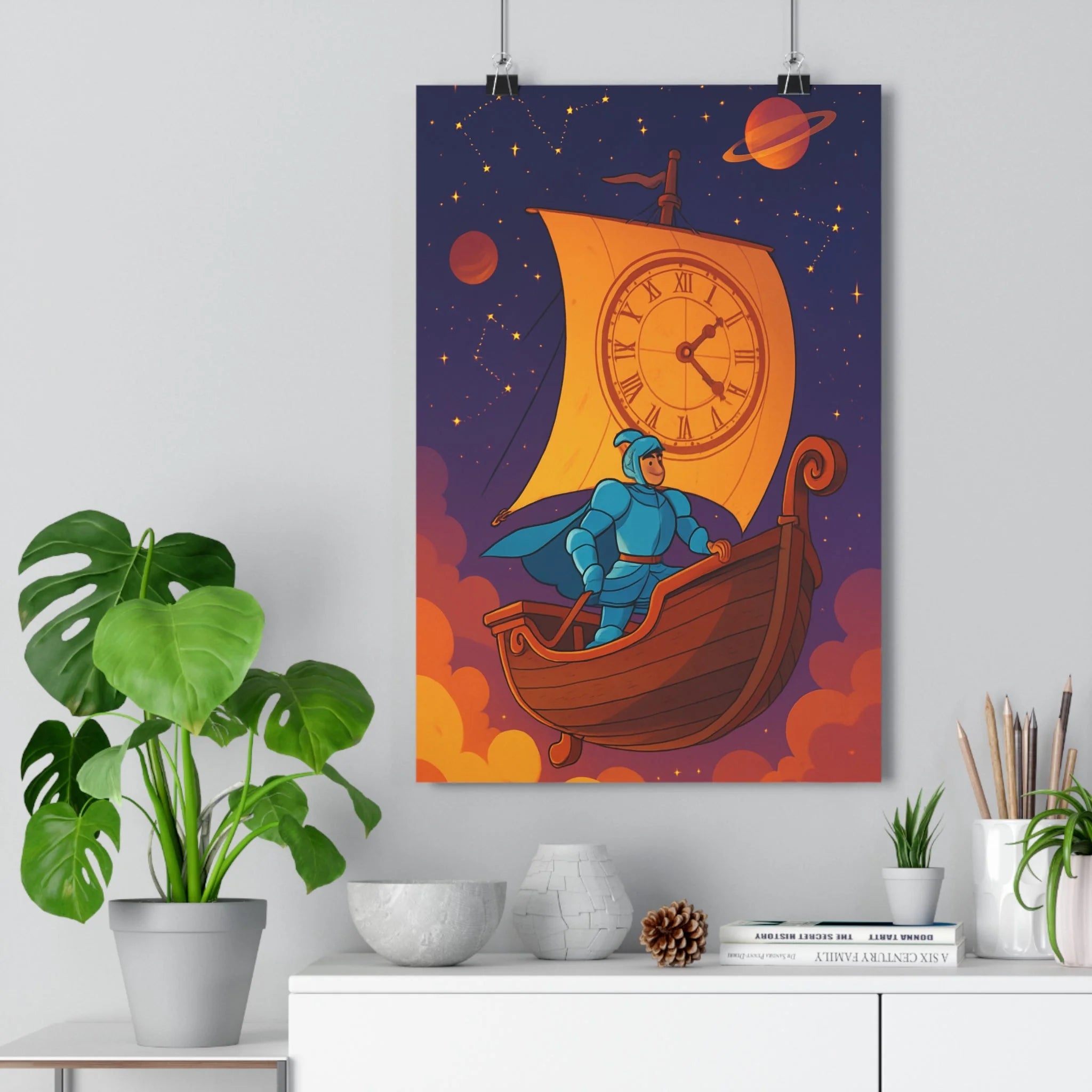 Poster décoratif épique chevalier aventure ciel étoilé violet salon chambre ambiance intemporelle bois qualité
