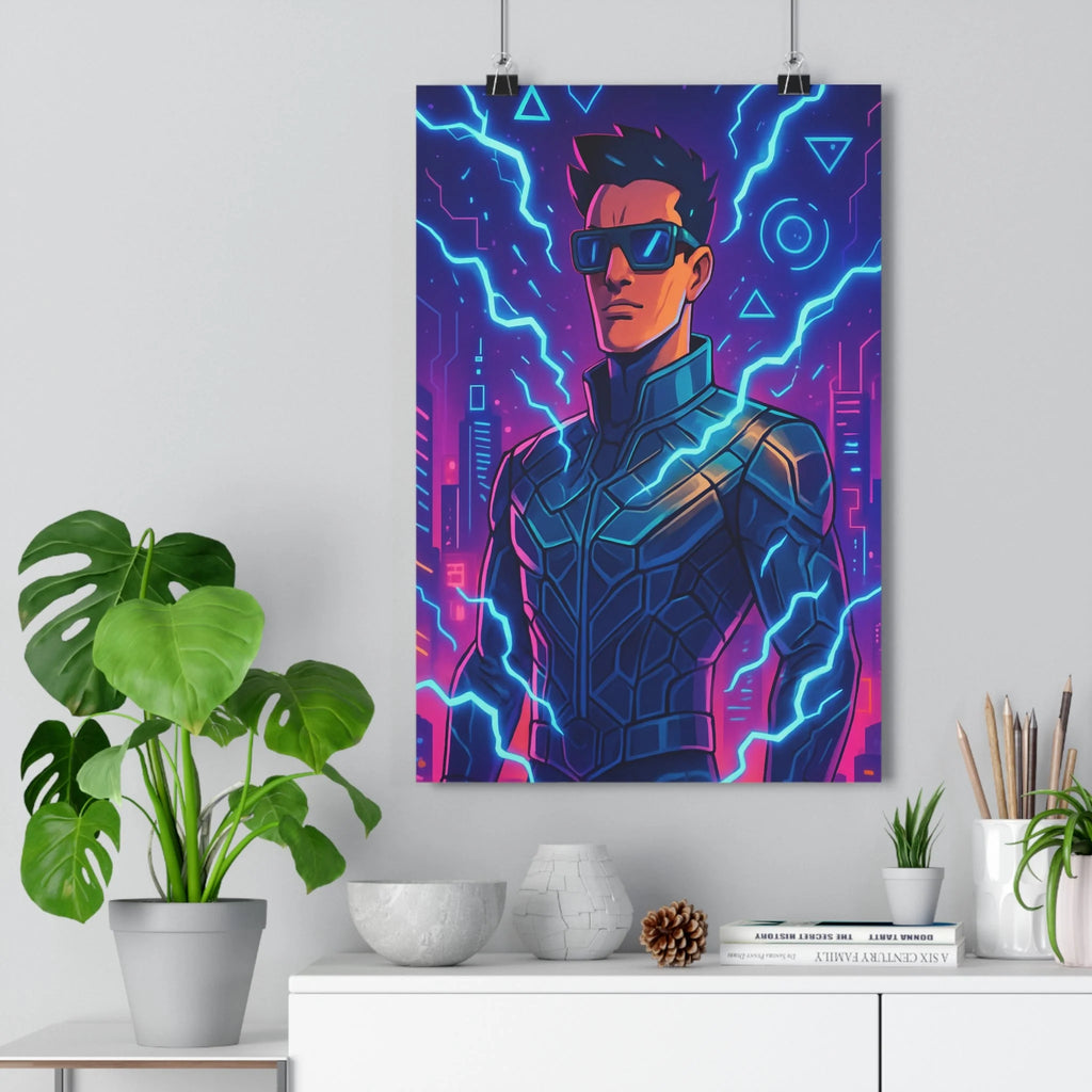 Poster homme en costume lunettes soleil bleu rose éclair lumière future géométrique moderne simple objet vases livres plante verte chambre