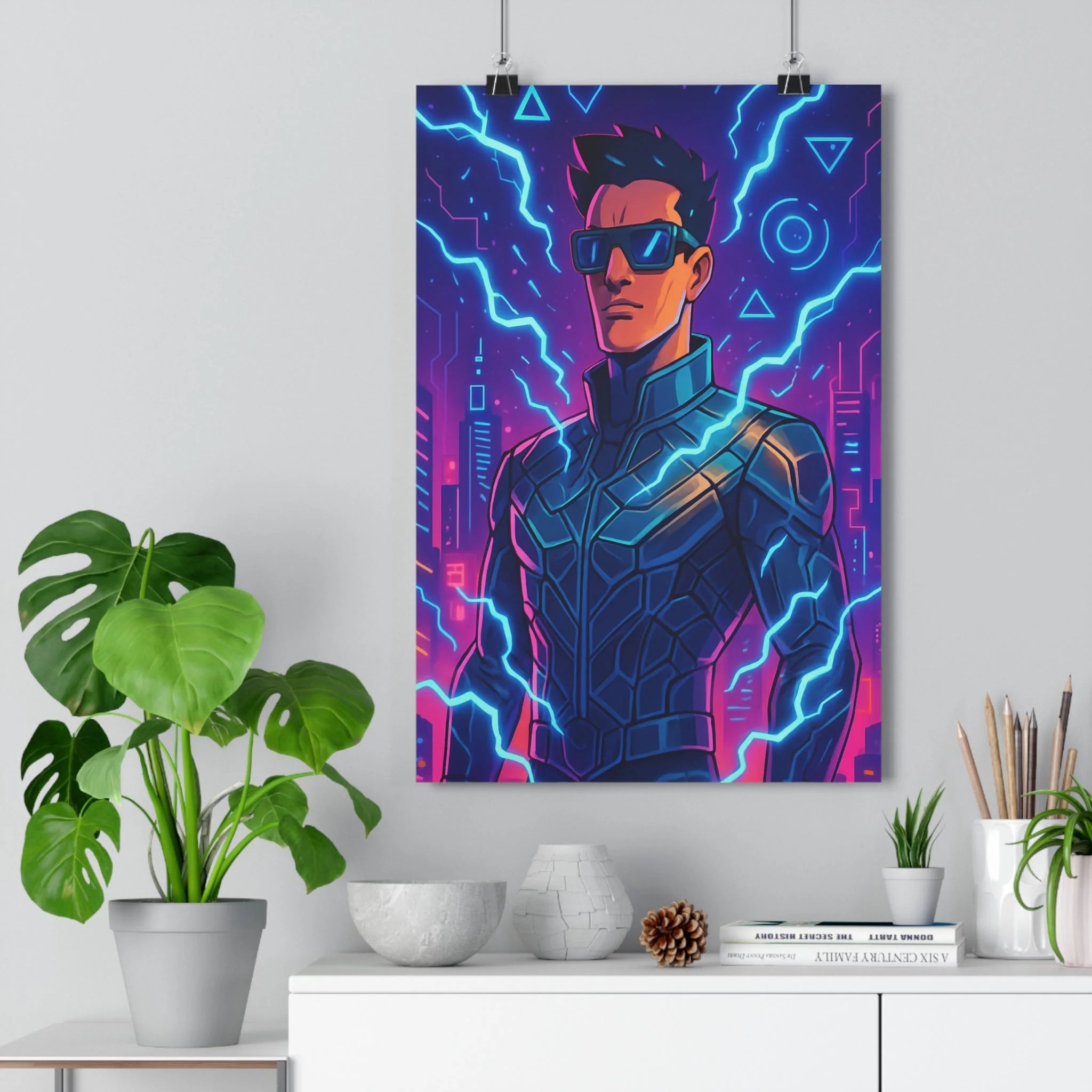 Poster décoratif futuriste néon bleu violet dessin animé moderne chambre salon audacieux 30x46 éclairs