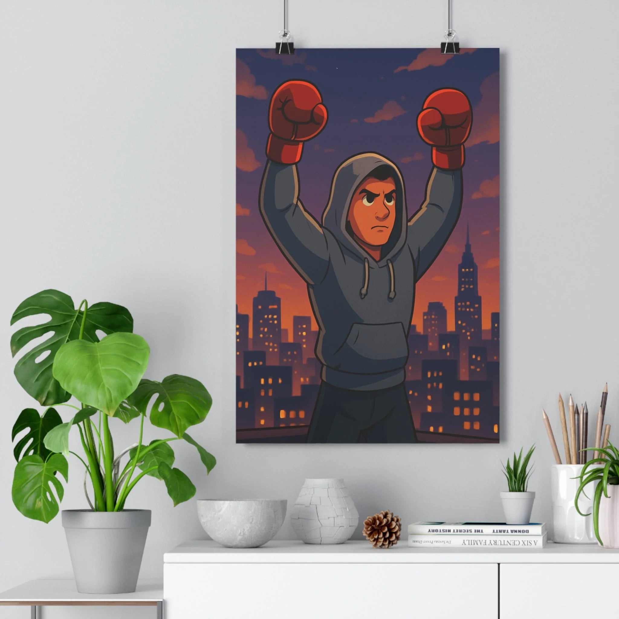 Poster décoratif boxe crépuscule ville orange violet cartoon dynamique chambre sport inspirant 30x46 qualité