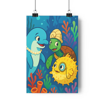 Poster décoratif cartoon bleu vert jaune joyeux chambre enfant créatif océan stylisé ludique aquarium