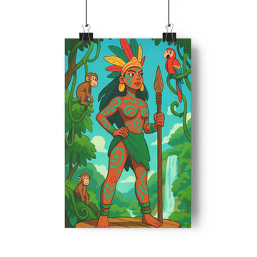 Poster jungle féerique lance femme singes perroquet cascade arbres verts bleus cartoon détails simple ambiance exotique vivante salon chambre