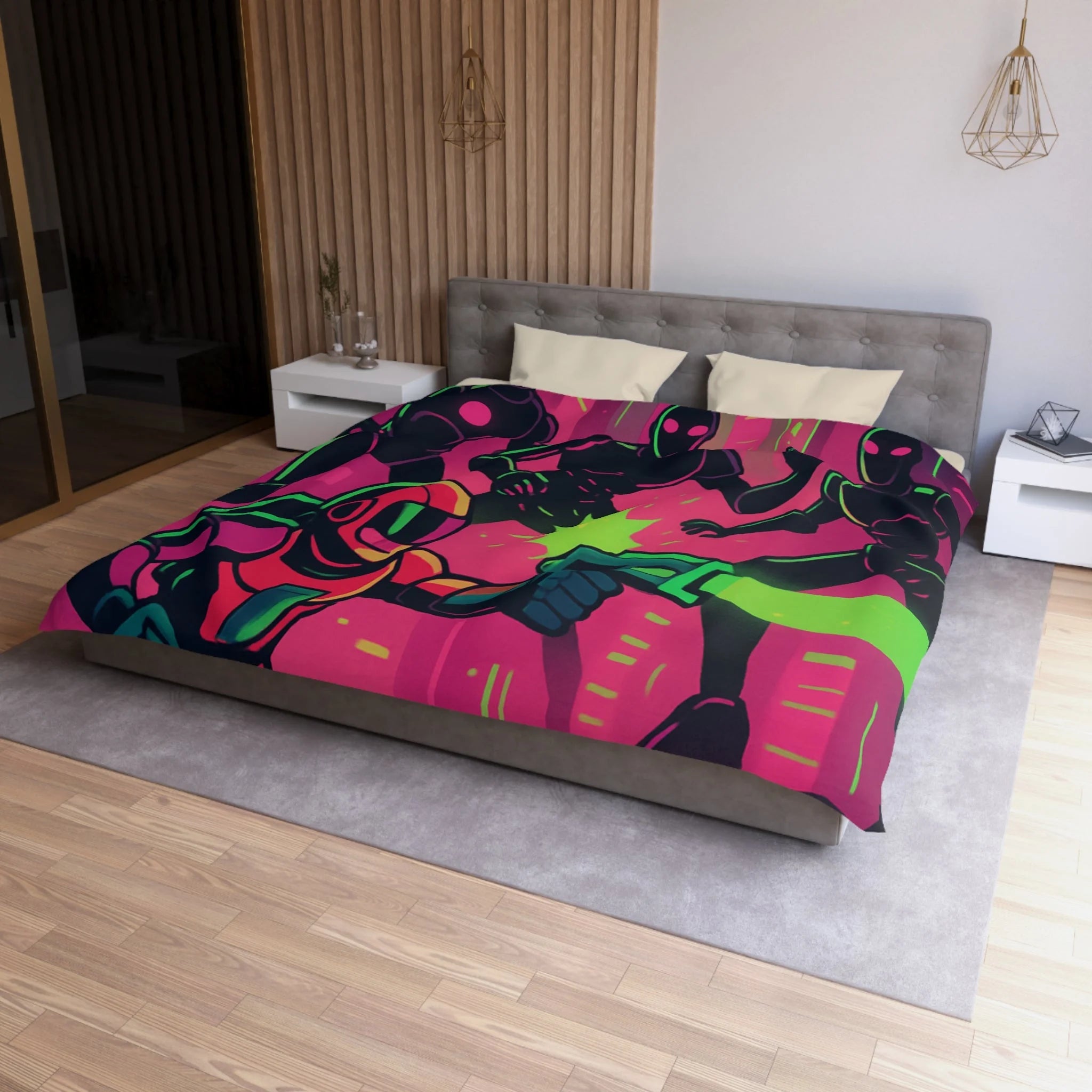Housse de couette néon futuriste avec combat spatial, designs vifs rétro et cyberpunk