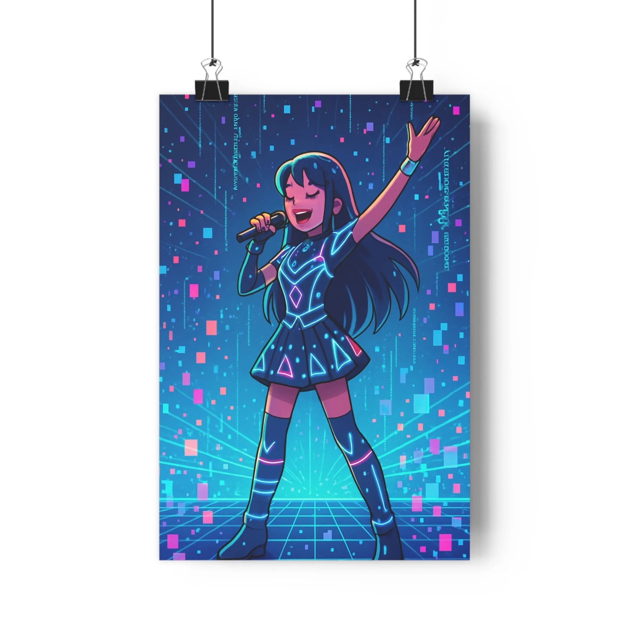 Poster décoratif chanteuse futuriste cyberpunk bleu rose néon chambre bureau moderne dynamique tendance art