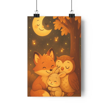Poster forestier sourires animaux étoiles lune papillons feuilles couleurs douces style cartoon nuit sérénité chambre enfant