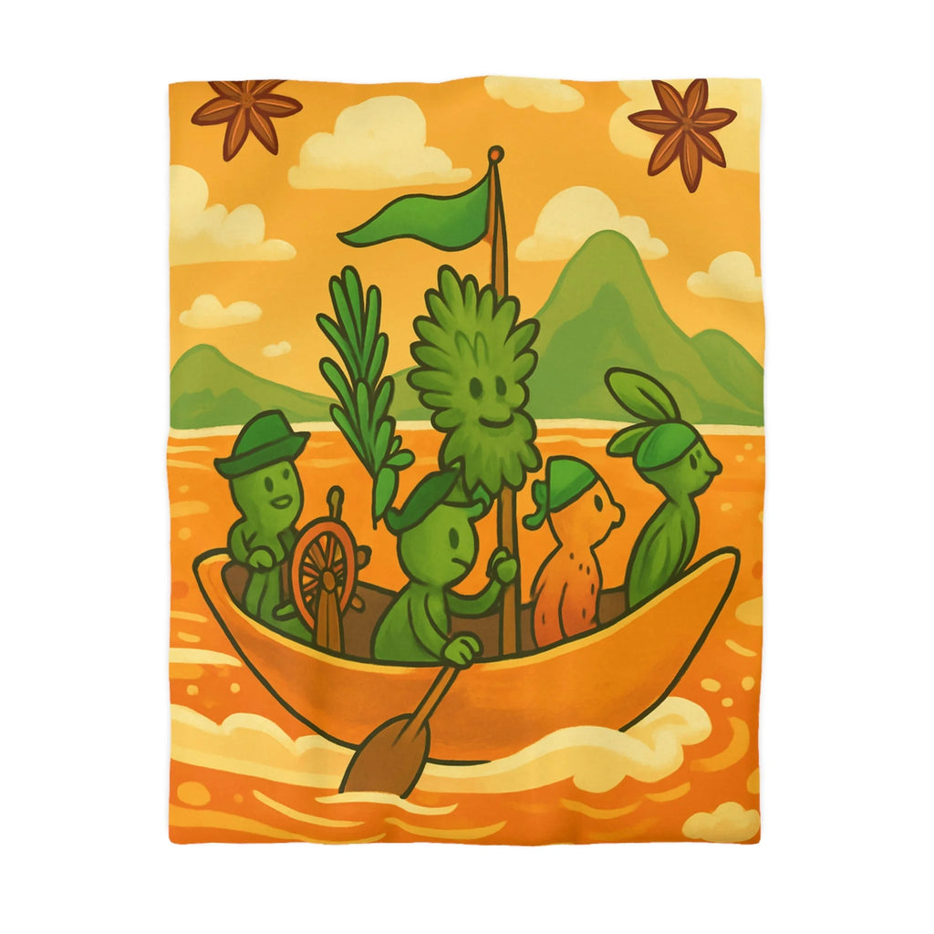 Housse de couette originale avec personnages verts naviguant sur mer orangée ludique