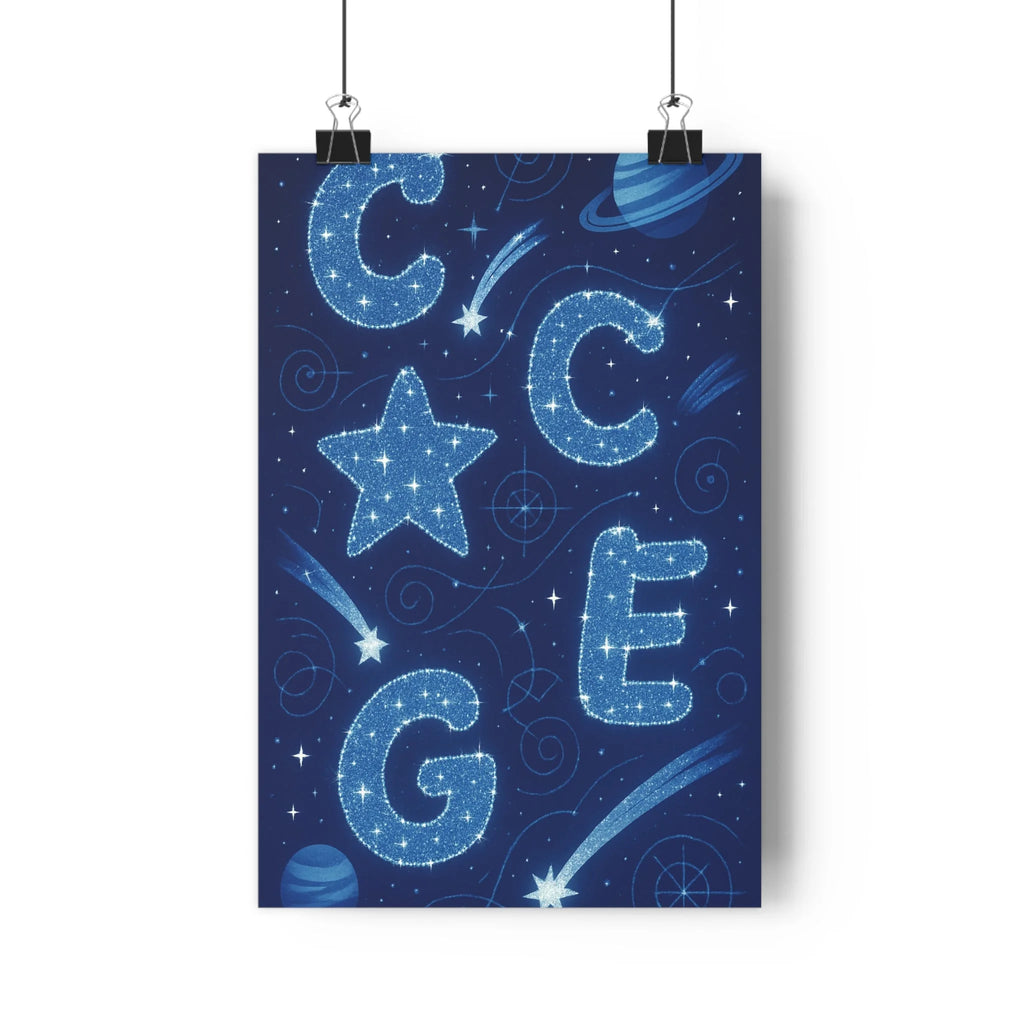 Poster décoratif magique astrologique bleu blanc nuit mystique enfant chambre détente étoiles lettres planètes