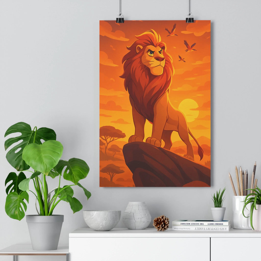 Poster décoratif lion savane coucher soleil orangé chaleureux majestueux nature salon chambre intérieur élégant