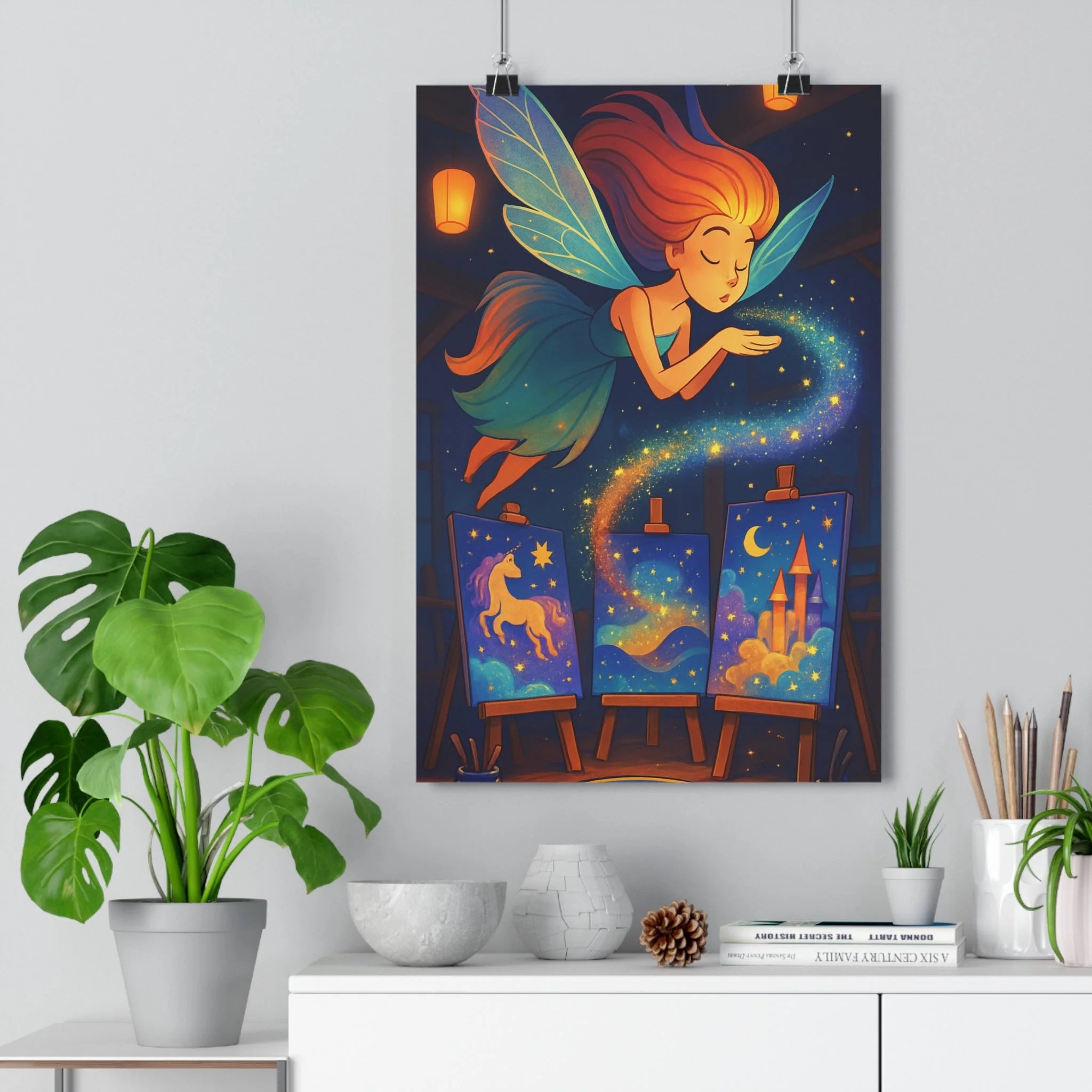 Poster décoratif féerique pastel magique enfant chambre créatif apaisant lumineux céleste licorne château étoilé