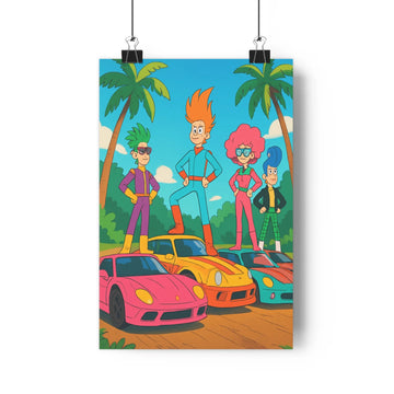 Poster animé voitures colorées personnages joyeux ambiance festive terrasse bois palmiers ciel bleu nuages exotique détails vibrant moderne chambre salon