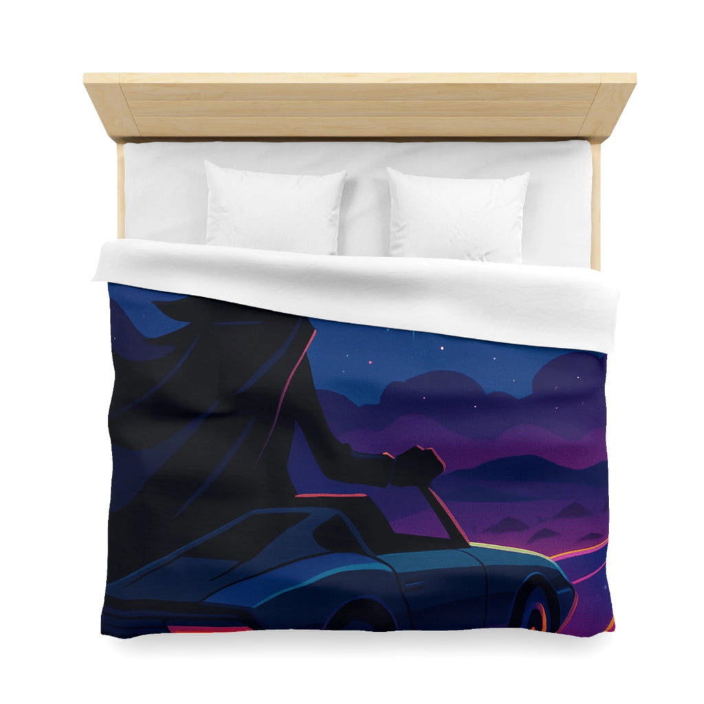 Housse de couette rétro avec constellations et voiture sous ciel étoilé et planète