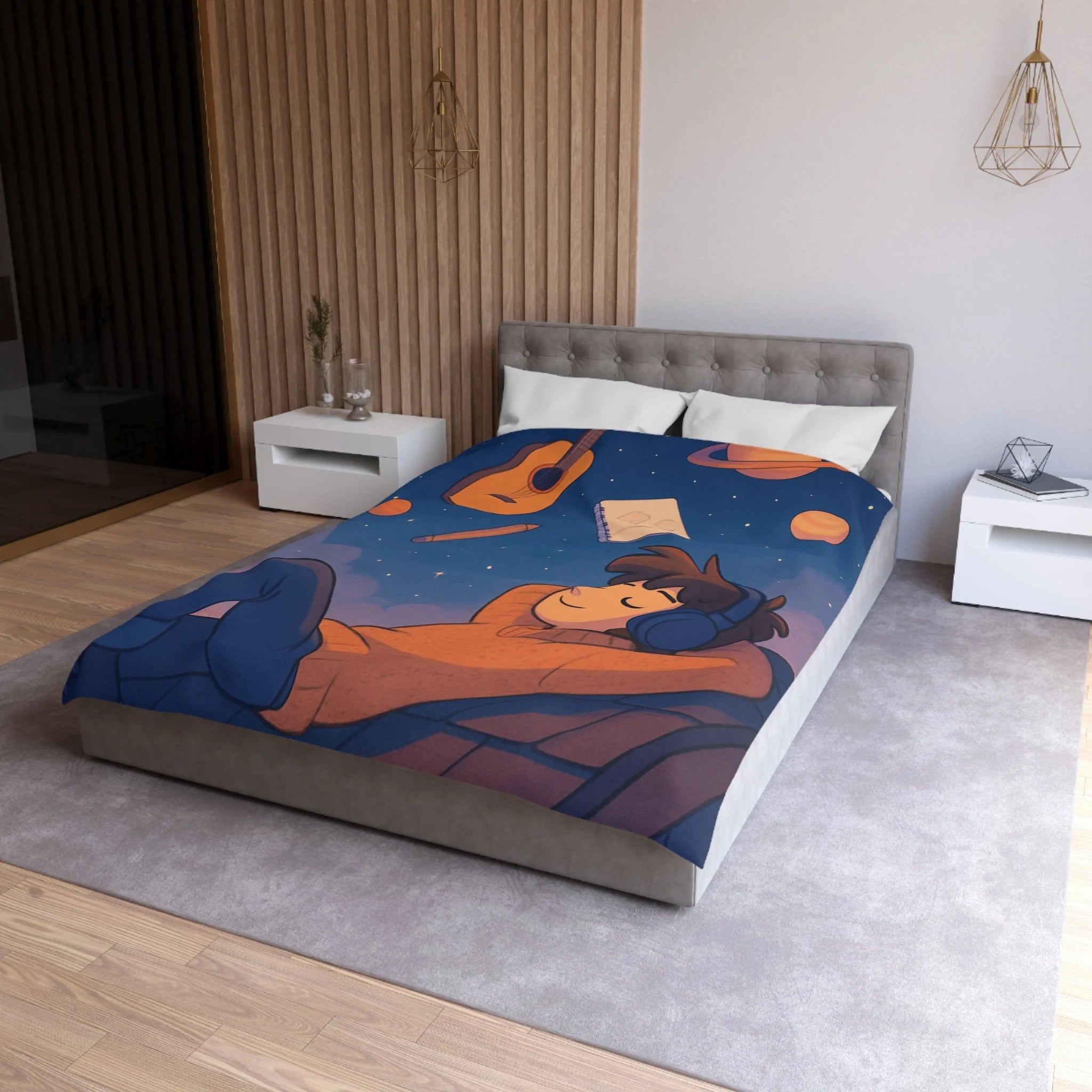Housse de couette rêve étoilé avec guitare, planètes et rêverie d'artiste