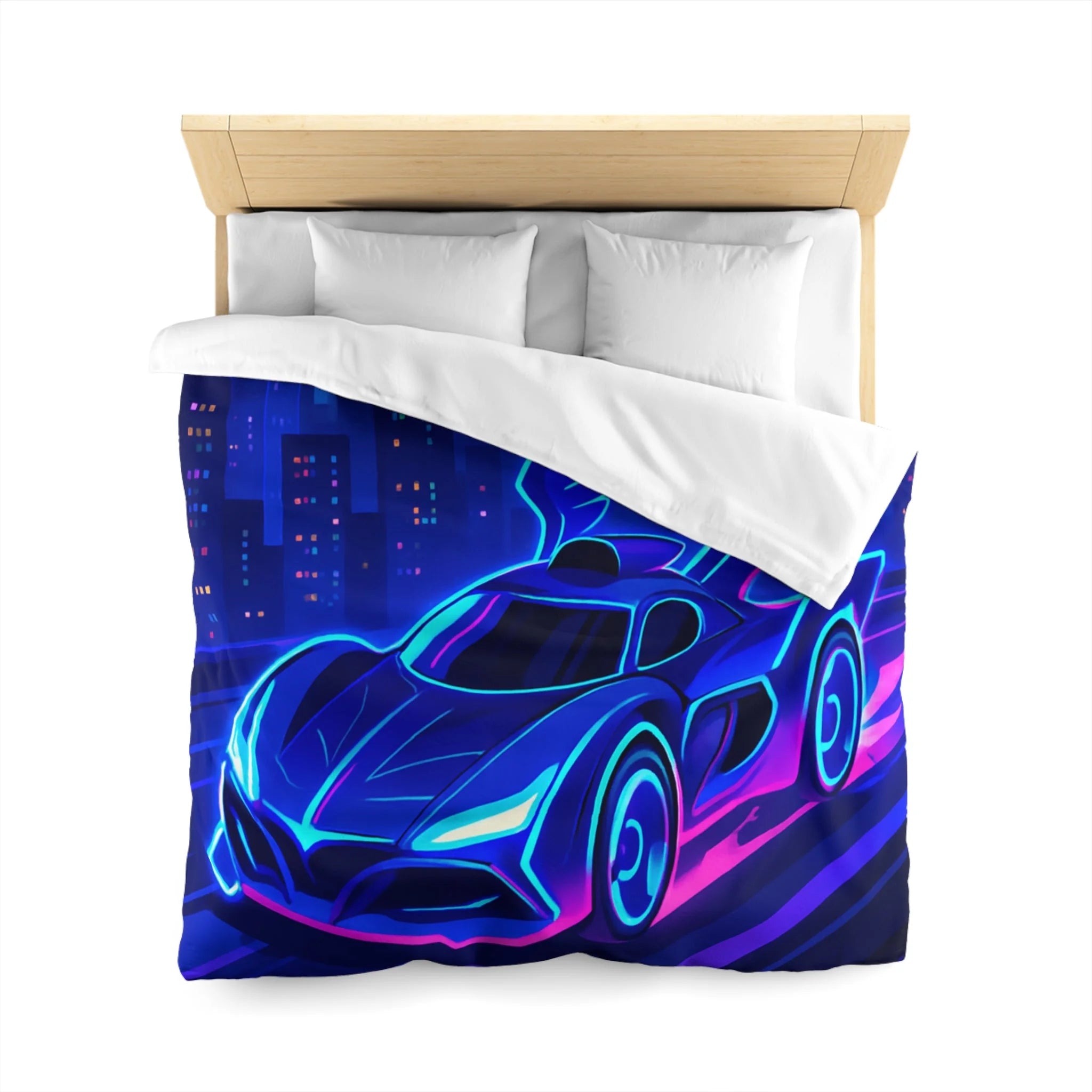 Housse de couette néon voiture futuriste volant dans une ville aux reflets lumineux