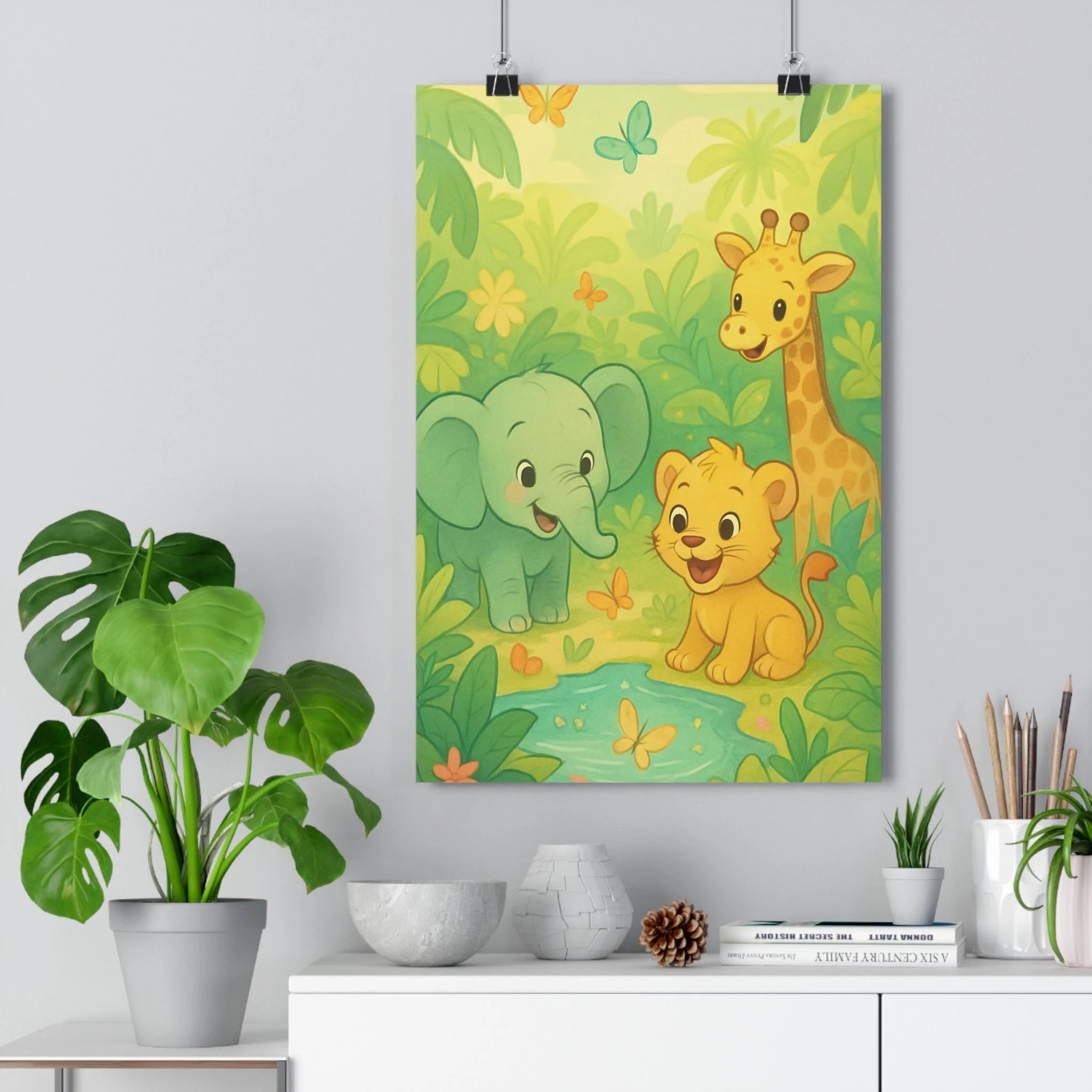 Poster décoratif éléphanteau lionceau girafe jungle coloré cartoon joyeux enfant chambre murale vibrant 30x46