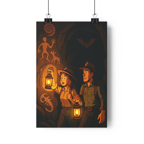 Poster explorateurs grotte lanternes équipements fossiles squelette chien ombres mystère vintage linéaire noir brun Jaune
