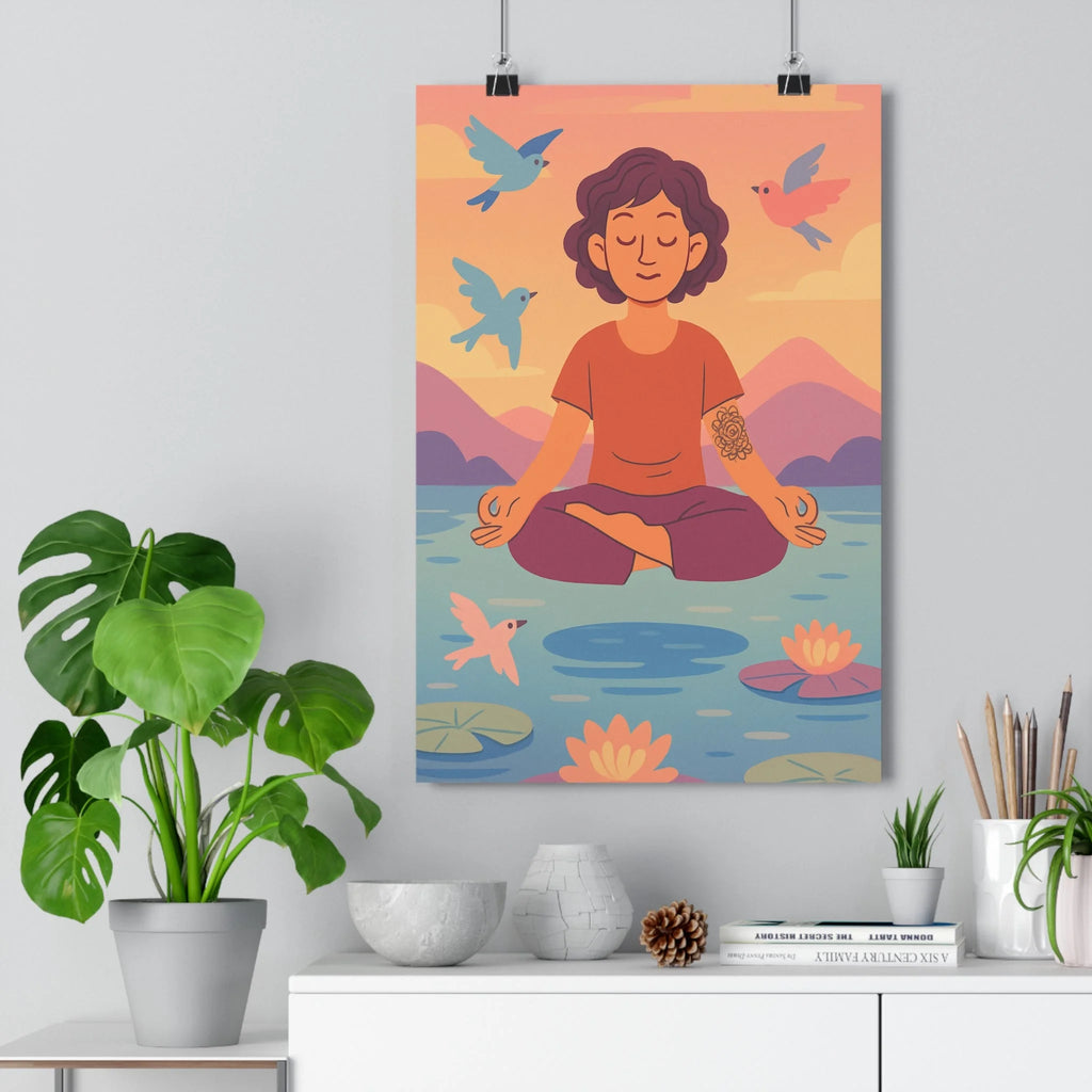 Poster décoratif méditation zen pastel rose violet salon détente ambiance sereine mur bureau qualité