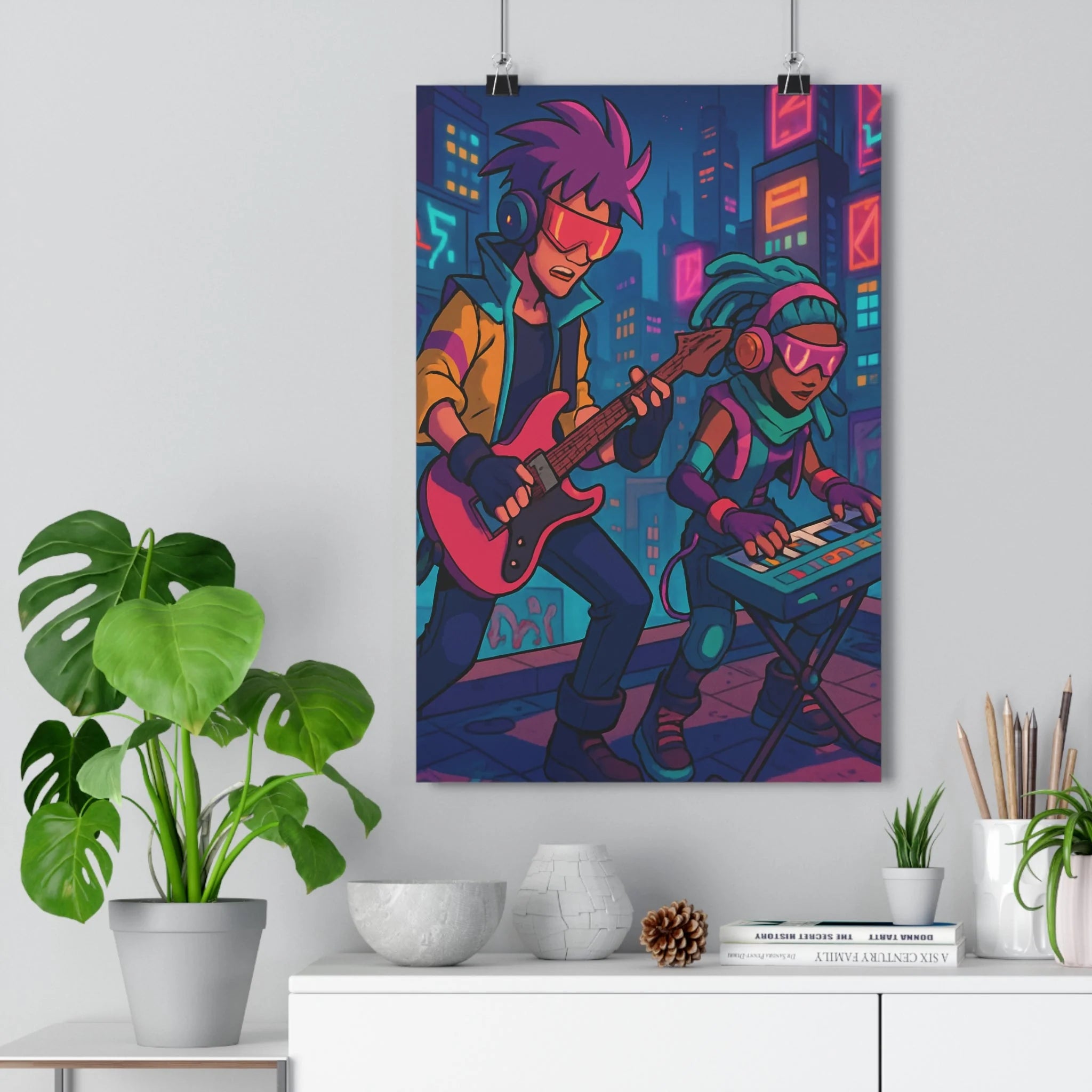Poster décoratif urbain moderne musique futuriste néon vibrant salon chambre coloré tendance dynamique rétro