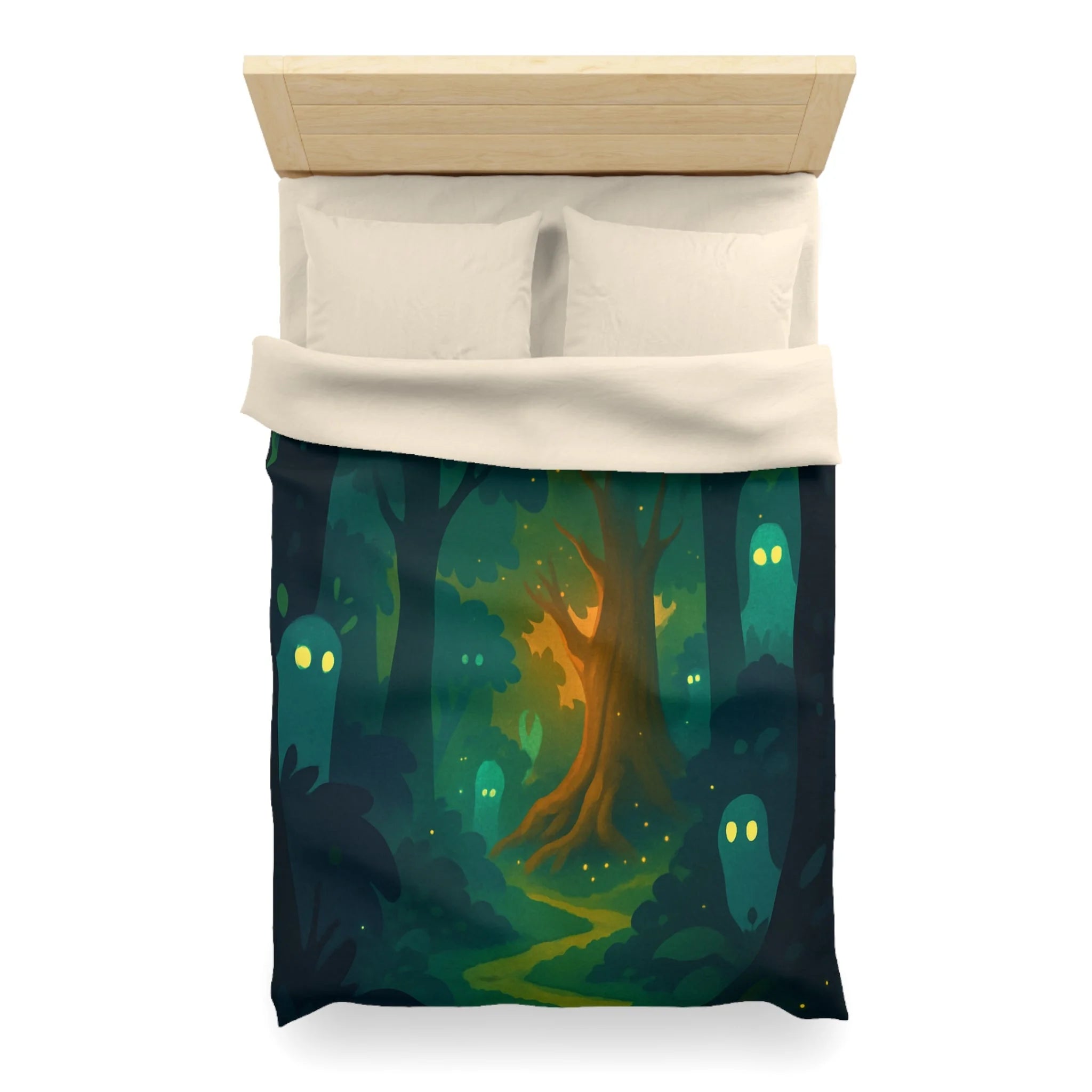 Housse de couette mystérieuse forêt enchantée avec esprits lumineux et sentier sinueux