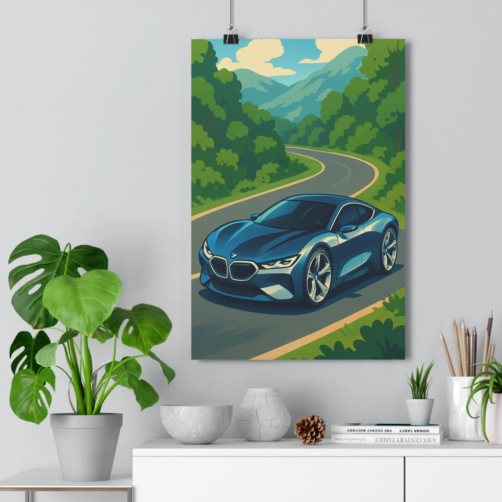 Poster décoratif voiture bleue cartoon dynamique salon bureau moderne élégant vibrant nature 30x46 montagnes