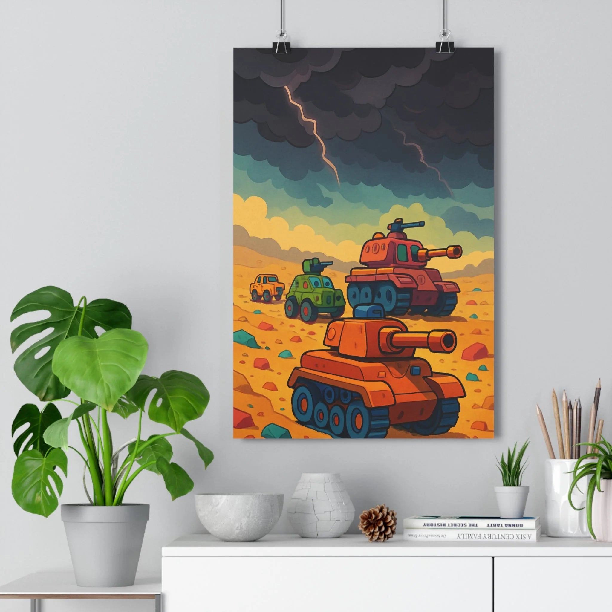 Poster décoratif cartoon coloré tanks crépuscule orange vert rouge salon chambre moderne aventure vibrant