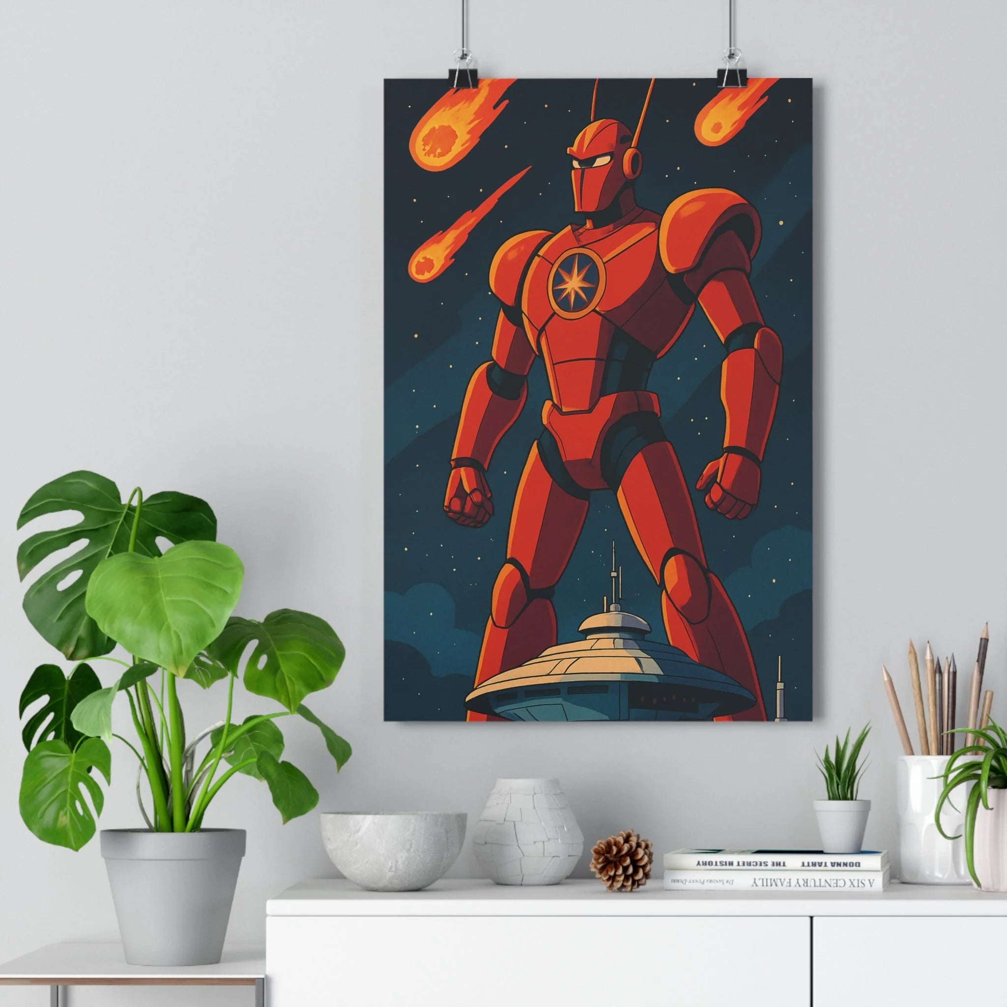Poster décoratif robot géant anime rouge vibrant épique futuriste chambre dynamique couleurs étoilé qualité