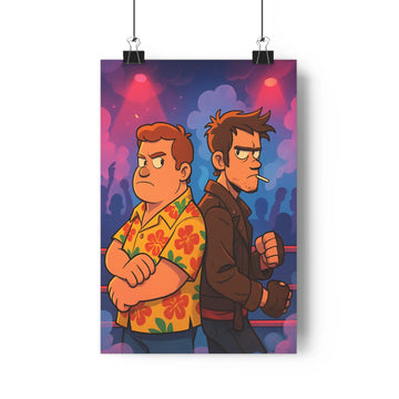 Poster vibrant dessin animé deux hommes nuit festive danse rose violet jaune vert ambiance joyeuse salon chambre