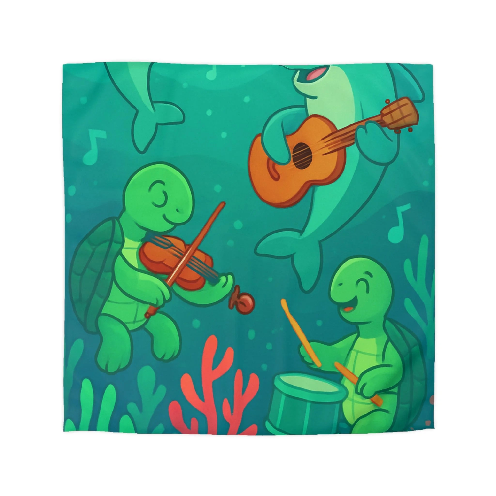 Housse de couette sous-marine avec dauphins et tortues jouant de la musique joyeuse