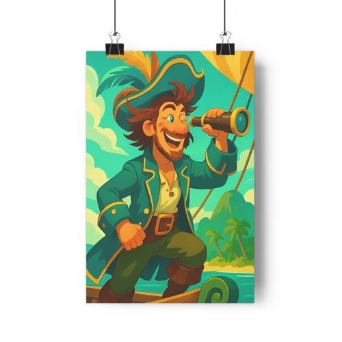 Poster pirate cartoon telescopiste montagne palmier tropical joyeux aventurier contour net couleur vive optimiste simple curieux exposition chambre salon