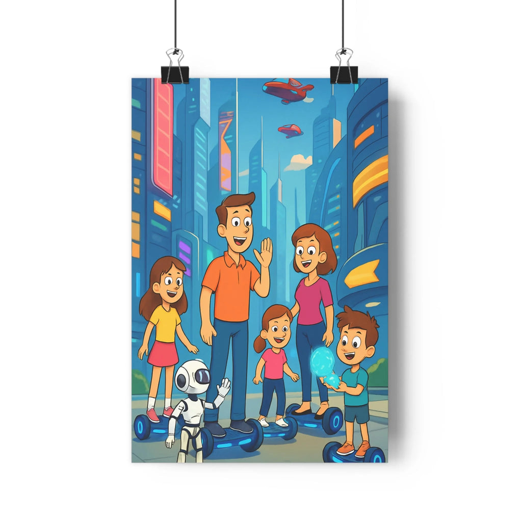 Poster décoratif futuriste famille joyeux ville moderne joyeuse couleurs vives chambre enfant tendance animation