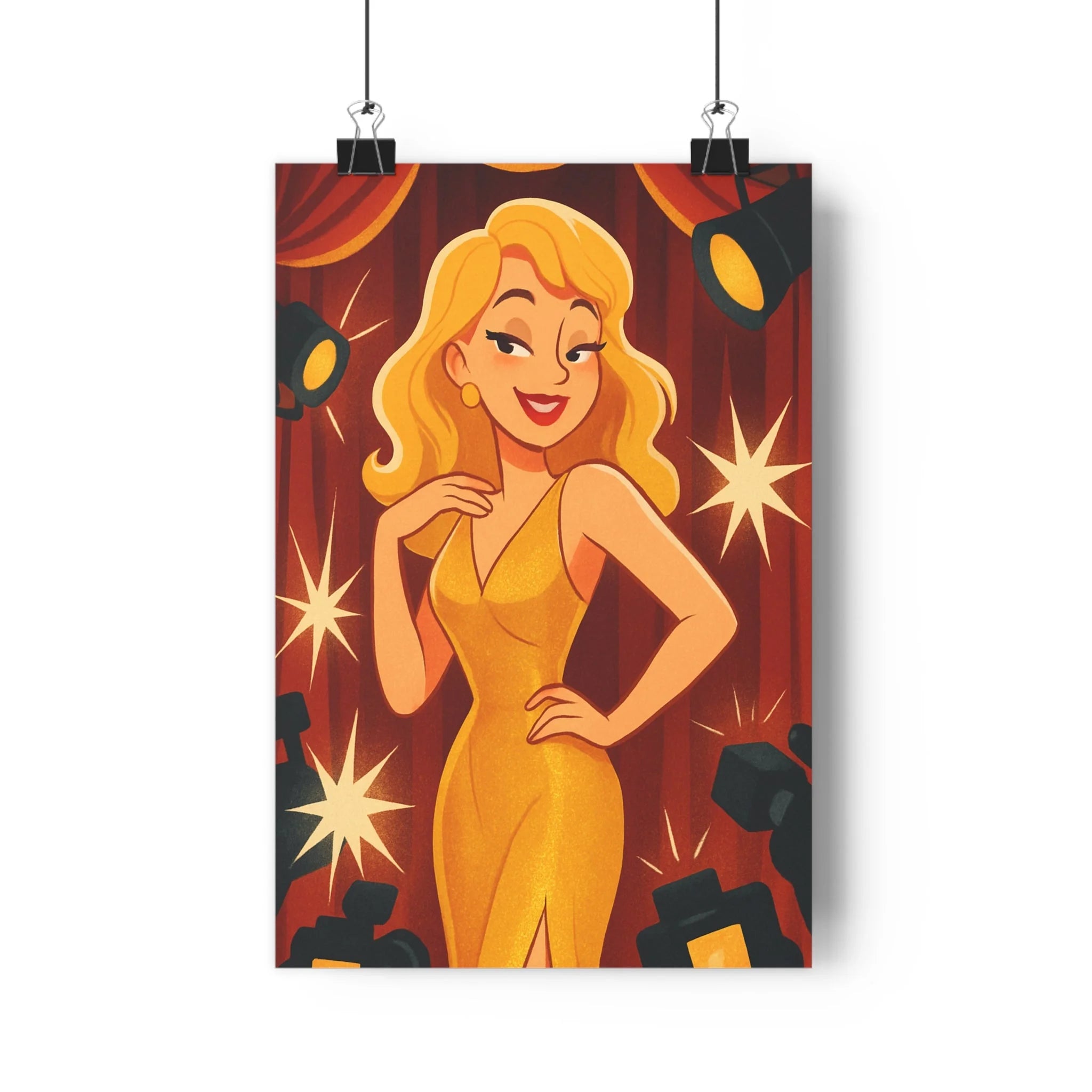 Poster décoratif vintage doré rouge glamour femme élégant salon chambre rétro 30x46 dessin animé