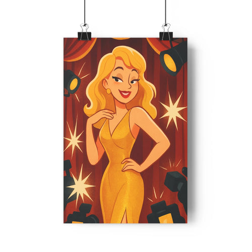 Poster vintage femme blonde robe dorée fond rouge lumière étoiles glamour rideaux projecteurs ambiance festive élégante salon chambre