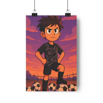 Poster football joueur terrain pinces papier plante verte étagère livres vase pomme ciel rose violet nuages shorts maillot noir chaussettes