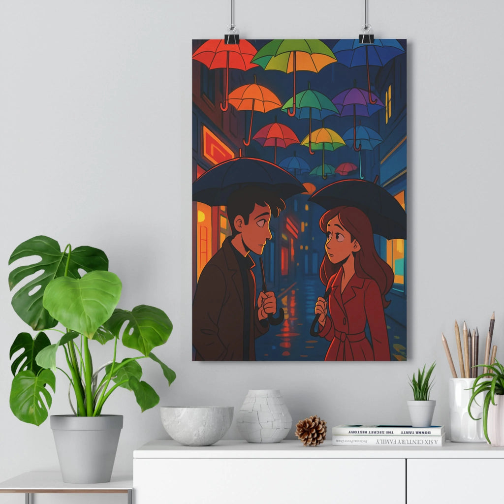 Poster décoratif romantique cartoon personnages parapluies colorés rue illuminée magique salon chambre élégant qualité