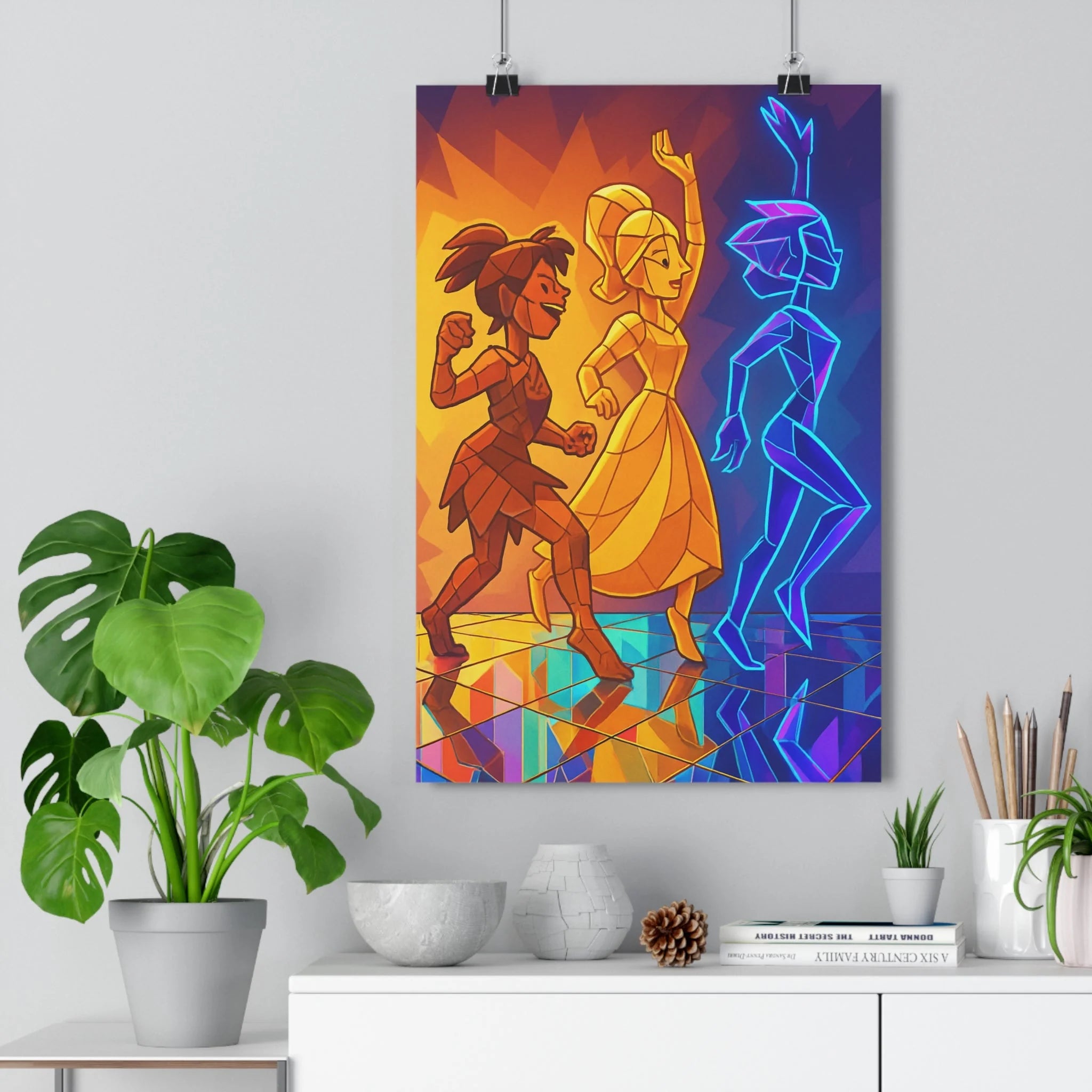 Poster décoratif moderne vitrail artistique bleu orange jaune salon bureau dynamique éthéré stylisé figures