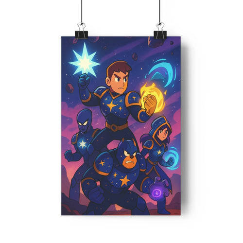 Poster futuriste personnages bleus étoiles dorées planètes feu magie expressions déterminées ambiance mystérieuse cartoon dynamique chambre