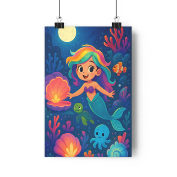 Poster enchanté sirène coquillage tortue poisson corail lune bleu vert rouge cartoon enfantin expressif magique chambre